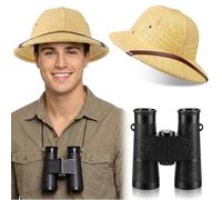 Liitrsh 2 Pcs Safari Costume for Men Pith Helmet Safari Sun Hat Binocular Adult Explorer Zoo Keeper Outfit Accessories for Halloween Cosplay Outdoor Jungle Costume (Yellow Beige)