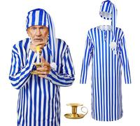 Liitrsh 3 Pcs Christmas Nightshirt Costume Cosplay Christmas Men's Pajama Nightgown Adjustable Sleep Cap Candle Holder, Blue and White Stripe, Large