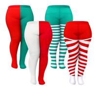 Liitrsh 4 Pairs Christmas Plus Size Women Striped Tights Large Full Length Leggings High Stocking for Xmas, Christmas Red, XXL