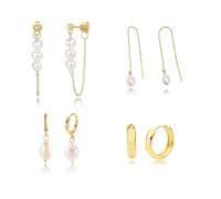 Liiusgelad Gold Pearl Drop Earrings for Women, 4-Piece Trendy Earring Set with Dangle Huggie Hoops, Layered Necklace Style, Hypoallergenic Copper Jewelry Gift for Brides