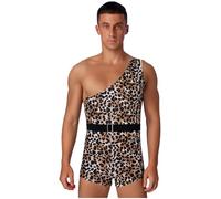 LiiYii Mens One Shoulder Printed Bodysuit Primitive Man Cosplay Set With Waist Belt For Halloween Leopard 3XL