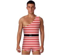 LiiYii Mens One Shoulder Printed Bodysuit Primitive Man Cosplay Set With Waist Belt For Halloween Red White Striped 3XL