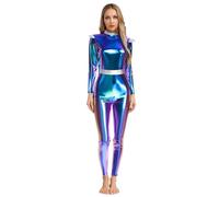 LiiYii Women Halloween Alien Costume Long Sleeves High Waist Long Jumpsuit Outer Space Costume Blue S