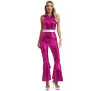 LiiYii Womens 70s Disco Costume Shiny Metallic Bellbottomed Full Body Jumpsuit Halloween Fancy Dress Hot Pink S