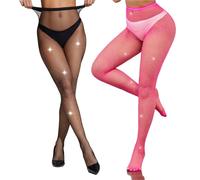 LiiYoang 2 Pieces Sparkly Fishnet Tights Womens With Rhinestone，Shiny Diamante Tights For Parties, Proms, Role Play, Festival Diamond (Black+Light Pink)