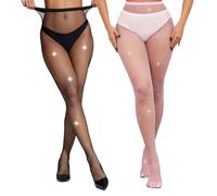 LiiYoang 2 Pieces Sparkly Fishnet Tights Womens With Rhinestone，Shiny Diamante Tights For Parties, Proms, Role Play, Festival Diamond (Black+Pink)