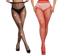 LiiYoang 2 Pieces Sparkly Fishnet Tights Womens With Rhinestone，Shiny Diamante Tights For Parties, Proms, Role Play, Festival Diamond (Black+Red)