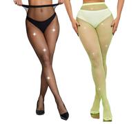 LiiYoang 2 Pieces Sparkly Fishnet Tights Womens With Rhinestone，Shiny Diamante Tights For Parties, Proms, Role Play, Festival Diamond (Black+Green)