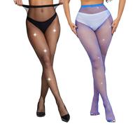 LiiYoang 2 Pieces Sparkly Fishnet Tights Womens With Rhinestone，Shiny Diamante Tights For Parties, Proms, Role Play, Festival Diamond (Black+Blue)