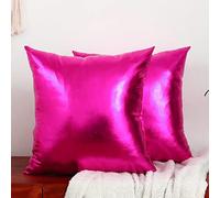 LiiZee Pack of 2 Decorative Throw Pillow Covers Modern Metallic Shiny Cushion Cover, Faux Leather Soft Square Pillowcase for Sofa/Bed/Party, 18 x 18 Inch Hot Pink