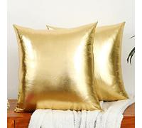 LiiZee Pack of 2 Decorative Throw Pillow Covers Modern Metallic Shiny Cushion Cover, Faux Leather Soft Square Pillowcase for Sofa/Bed/Party, 18 x 18 Inch Gold