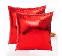 LiiZee Pack of 2 Decorative Throw Pillow Covers Modern Metallic Shiny Cushion Cover, Faux Leather Soft Square Pillowcase for Sofa/Bed/Party, 18 x 18 Inch Red