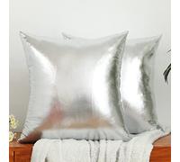 LiiZee Pack of 2 Decorative Throw Pillow Covers Modern Metallic Shiny Cushion Cover, Faux Leather Soft Square Pillowcase for Sofa/Bed/Party, 18 x 18 Inch Silver