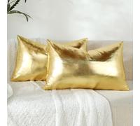 LiiZee Pack of 2 Gold Lumbar Throw Pillow Cover, 12 x 20 Inch, Decorative Modern Metallic Shiny Cushion Cover, Faux Leather Soft Rectangle Pillowcase for Sofa/Bed/Party