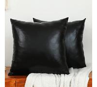 LiiZee Set of 2 Decorative Throw Pillow Covers Modern Metallic Shiny Cushion Cover, Faux Leather Soft Square Pillowcase for Sofa/Bed/Party, 18 x 18 Inch Black
