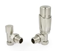 LiJoUK Thermostatic Radiator Valve | 15mm Angled TRV Zeta Series | Modern Satin Nickel Central Heating Valve (Pair)