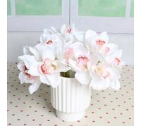 LIJUCAI 6 heads Cymbidium Bunch Real Touch Artificial Flowers Bouquet for Home Decor Party Wedding Orchid Floral Photography Props(White)