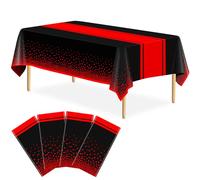 LIKAJON 4 Pack Black and Red Tablecloth Party Decorations Plastic Black Tablecloth Printed Red Table Runner 54 x108 Inch Disposable Rectangle Table Cover for Birthday Wedding Graduation Anniversary