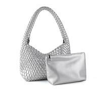 LIKEBAG Woven Handbag for Woman Vegan Leather Shoulder bag and Purse Small Fashion Shopper Totes Ladies Underarm Bags, Silvery