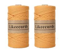 Likeecords 2 Skeins Braided Macrame Cord 3mm x 100m, Macrame Rope, Colorful Cotton Craft Cord for Crafts, Knitting (Yellow)