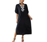 LikeJump Women's Bohemian Floral Embroidery Swimsuits Kaftan Bikini Cover Ups Summer Beach Dress Tops A Black