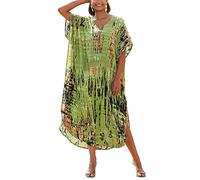 LikeJump Women's Bohemian V Neck Kimono Maxi Swimsuits Kaftan Bikini Cover Ups Summer Beach Dress Tops A Green