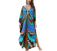 LikeJump Women's Bohemian V Neck Kimono Maxi Swimsuits Kaftan Bikini Cover Ups Summer Beach Dress Tops A Blue