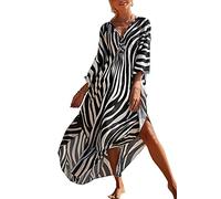 LikeJump Women's Cotton Print Kaftan Swimsuit Kimono Cover Up Loose Beach Robe Maxi Dress A2 Black White