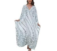 LikeJump Women's Cotton Print Kaftan Swimsuit Kimono Cover Up Loose Beach Robe Maxi Dress A2 White Black