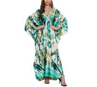 LikeJump Women's Long Floral Kimono Dressing Gown Beach Bikini Cover-Ups Maxi Dress Plus Size Summer Robe Green