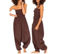 likemary Jumpsuit for Women UK - Cotton Jumpsuit Pulls Down into Harem Pants - 2-in-1 Summer Trousers with Pockets and Elasticated Waist - Choc Brown