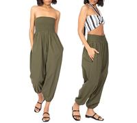 likemary Petite Harem Pants Women Jumpsuits UK - Baggy Elasticated Waist Trousers Convert into a Comfy Cotton Straples Romper - Khaki Green L