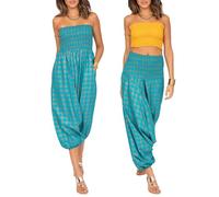 likemary Trousers for Women UK - Pulls Up into Strapless Jumpsuit - 2-in-1 Elasticated Waist Printed Summer Trousers with Pockets or Bandeau Jumpsuit Turquoise & Gold Applique Large