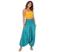 likemary Trousers for Women UK - Pulls Up into Strapless Jumpsuit - 2-in-1 Elasticated Waist Printed Summer Trousers with Pockets or Bandeau Jumpsuit Turquoise & Gold Applique Regular