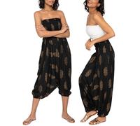 likemary Trousers for Women UK - Pulls Up into Strapless Jumpsuit - 2-in-1 Elasticated Waist Printed Summer Trousers with Pockets or Bandeau Jumpsuit Black & Gold Large