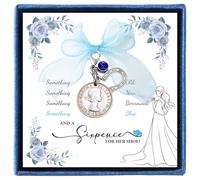 LIKEYO 4 PCS Sixpence Coin for Bride Shoe Something Blue Gift for Bride On Wedding Day, Silver Sixpence Coin Wedding Gift Set, Six Pence Keepsake with Card Box Bowknot from Mom Sister Friend