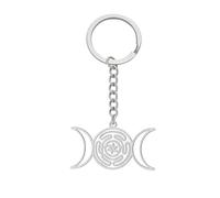 LIKGREAT Triple Moon Goddess Keychain Stainless steel Hecate’s Wheel Keyrings Protection Talisman Amulet Jewelry For Women (sliver)