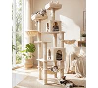 LIKISAK Cat Tree, 180 cm Large Cat Tower for Indoor Cats, Multi-Level Cat Tree Tower for Big Cats with 8 Sisal Scratching Posts, 2 Cozy Condos, 2 Hanging Baskets, Cozy Hammock, 3 Top Perches, Beige