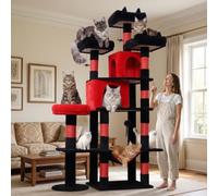 LIKISAK Cat Tree, 181 cm Large Cat Tower with 3 Top Perches for Indoor Cats | Multi-Level Cat Tree Tower for Big Cats with 9 Sisal Scratching Posts, 2 Cozy Condos, Cozy Hammock, Black Red PMT03RD