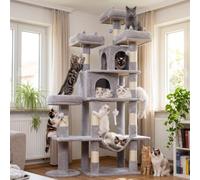 LIKISAK Cat Tree, 181 cm Large Cat Tower with 3 Top Perches for Indoor Cats | Multi-Level Cat Tree Tower for Big Cats with 9 Sisal Scratching Posts, 2 Cozy Condos, Cozy Hammock, Grey PMT03GY