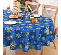 Likiyol Christmas Tablecloth 60×84 Inch Gold Snowflake Oval Table Cloth Buffalo Plaid Holiday Tablecloth, Waterproof Winter Xmas Table Cover for Party Picnic Dinner, Christmas Decor, Blue