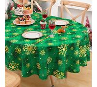 Likiyol Christmas Tablecloth 60×84 Inch Gold Snowflake Oval Table Cloth Buffalo Plaid Holiday Tablecloth, Waterproof Winter Xmas Table Cover for Party Picnic Dinner, Christmas Decor, Green