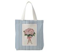 Likjad Pink Hydrangea Floral Tote Bag, Rustic Hydrangea Flower Canvas Tote Bags for Women, Blue Striped Reusable Grocery Shopping Bags