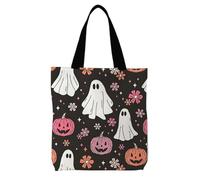 Likjad Preppy Halloween Ghost Pumpkin Tote Bag for Candy Treats, Floral Ghosts Pumpkin Canvas Tote Bags for Women, Halloween Gifts for Women, Boho Ghost Reusable Grocery Shopping Bags
