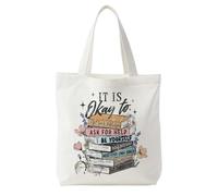 Likjad Vintage Mental Health Tote Bag for Women, Inspirational Floral Positive Affirmation Canvas Tote Bags, Bookworm Gifts, It is Okay to Motivational Reusable Grocery Shopping Bags