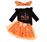 LIKPOJA Newborn Baby Girls My 1st Halloween Outfit Pumpkin Romper dress Tutu Skirt + Bow Headband for Toddler Baby Girls Halloween Gifts Clothes Set Bodysuit(Halloween Tutu G,3-6 Months)