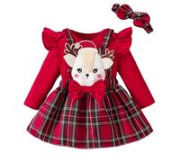 LIKPOJA Newborn Baby Girls My First Christmas Outfit Clothes Headband Infant Bodysuit Red Skirt Tartan Plaid Dress for Toddler Baby Girls Santa Romper(Red C,3-6 Months)