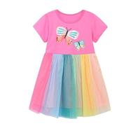 LIKPOJA Toddler Girls' Summer Dresses Butterfly Floral Rainbow Casual Dress Cotton Shirt Short Sleeve Dress for Kids Age 2-6 Years Old(ButterflyC,5-6Y)