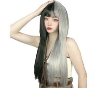 LIKPOJA Women Gray Long Straight Fringe Wigs Girls Halloween Christmas Costumes Fancy Dress Cosplay Party Accessories Wigs for Ladies Heat Resistant Synthetic Hair(Gray and Black)