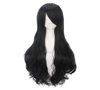 LIKPOJA Women Long Wavy Fringe Wigs Girls Halloween Christmas Costumes Fancy Dress Cosplay Party Accessories Wigs for Ladies Heat Resistant Synthetic Brunette Hair(Black)